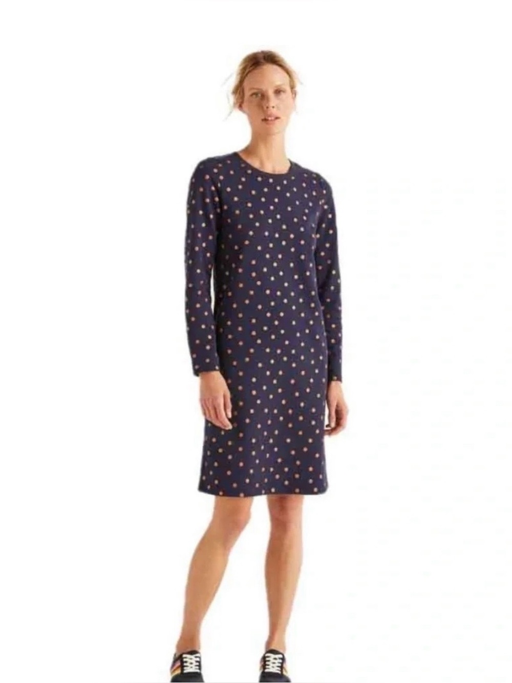 NWT Boden Navy Blue Metallic Copper Polka Dot Sweatshirt Dress US 6R Women’s